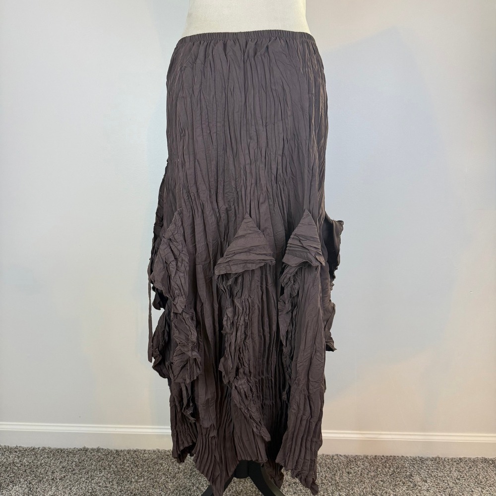 NWT Surrealist Brown Fairy Crinkle Ruffle Maxi Skirt Lace Up Ribbon Boho Whimsy - Picture 7 of 11